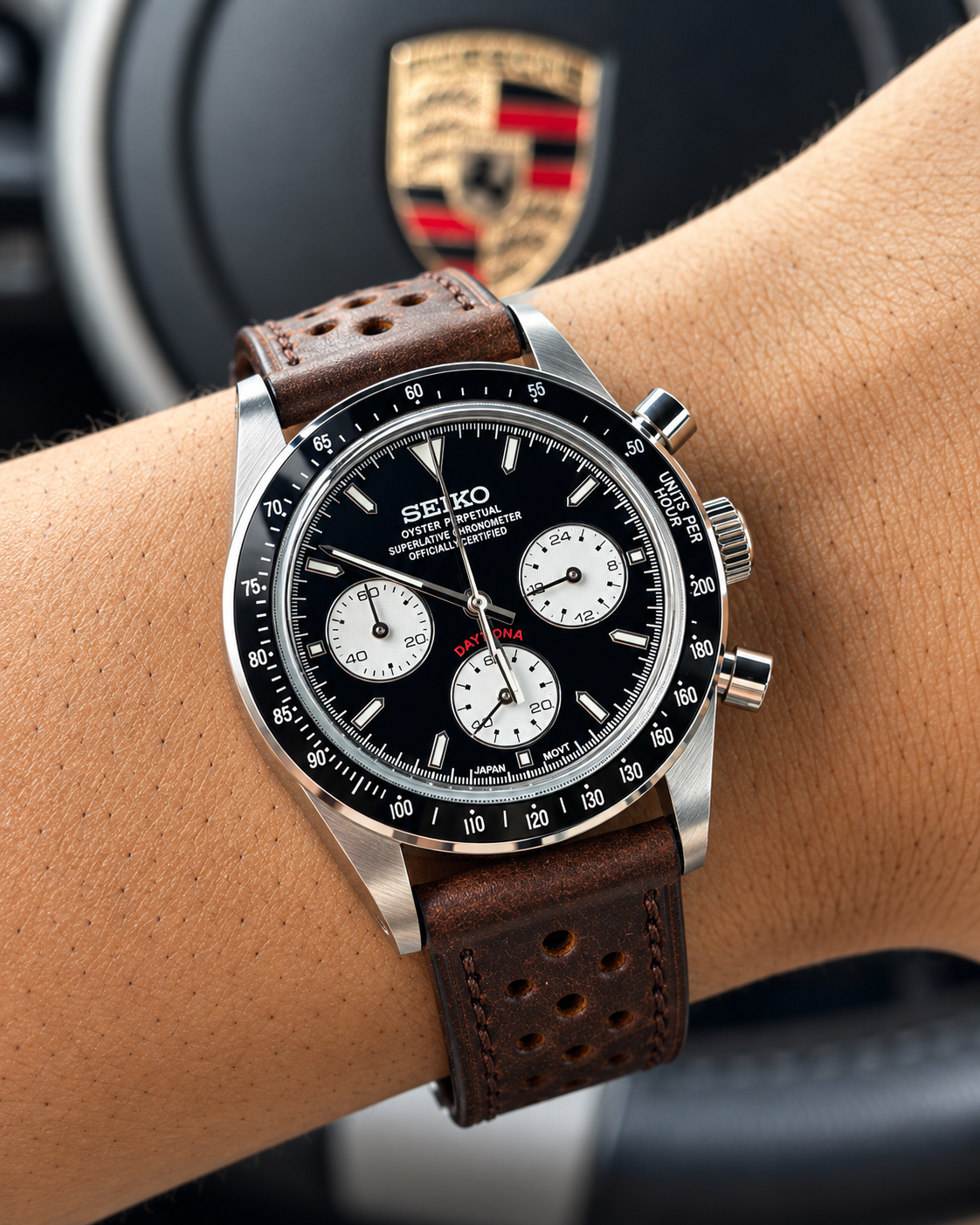 Daytona Le Mans de 38 mm con correa de cuero y esfera negra de cronógrafo