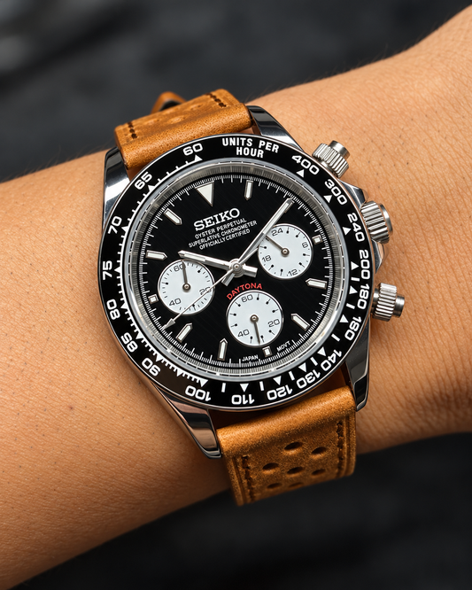 Daytona Le Mans de 40 mm con correa marrón, bisel taquimétrico y esfera negra