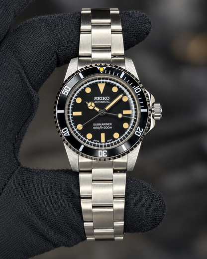 Submarino Vintage de Royalty Watch, reloj automático con esfera negra y cristal plexy